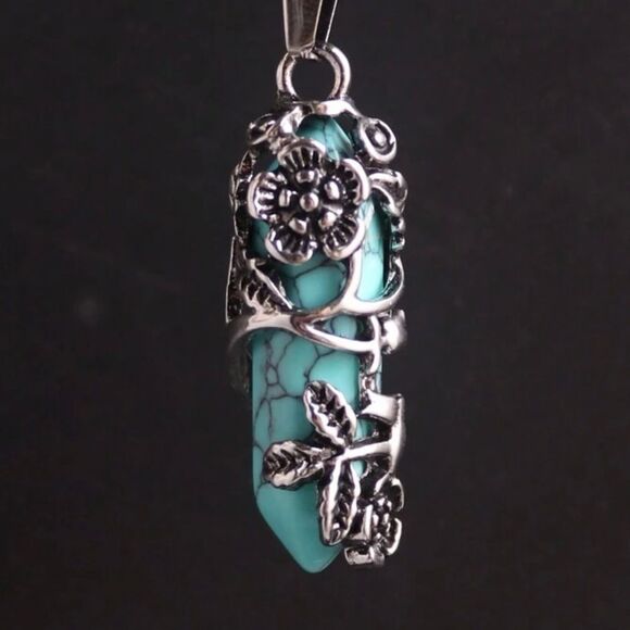 Bohemian Turquoise Necklace engraved floral Pendant Silver Tone, adjustable, - Picture 2 of 8